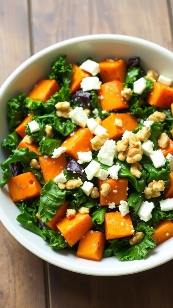A fresh salad with roasted sweet potatoes, kale, feta cheese, and walnuts in a bowl on a wooden table.